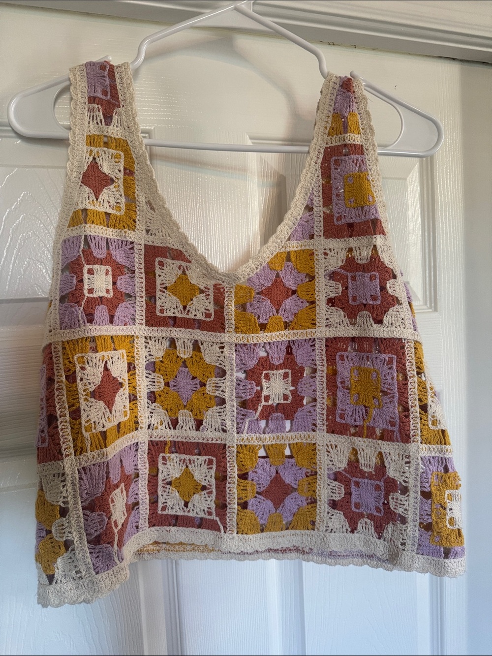 Rebellion Crochet Patchwork Tank Top in Cream, Lavender & Mustard